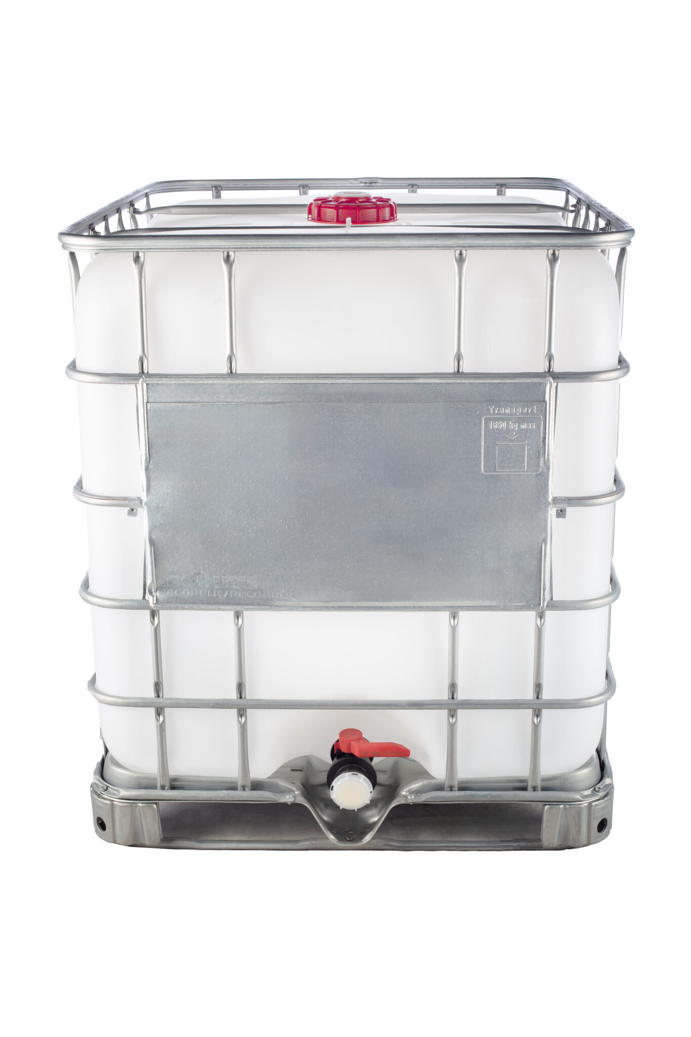 Reconditioned IBC Tote Tank with its grid jacket, top opening, valve area and pallet visible