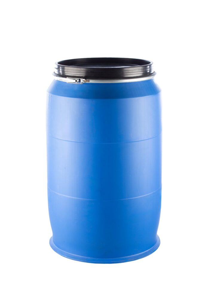 Complete reconditioned blue HDPE open-top drum.