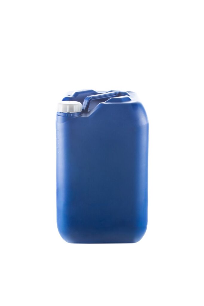 Complete reconditioned blue HDPE jerrycan.