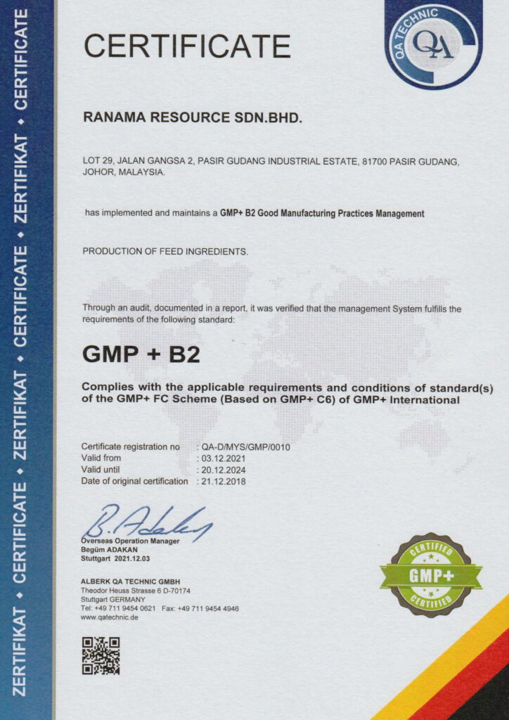 GMP+B2 certificate issued by Alberk QA Technic GMBH