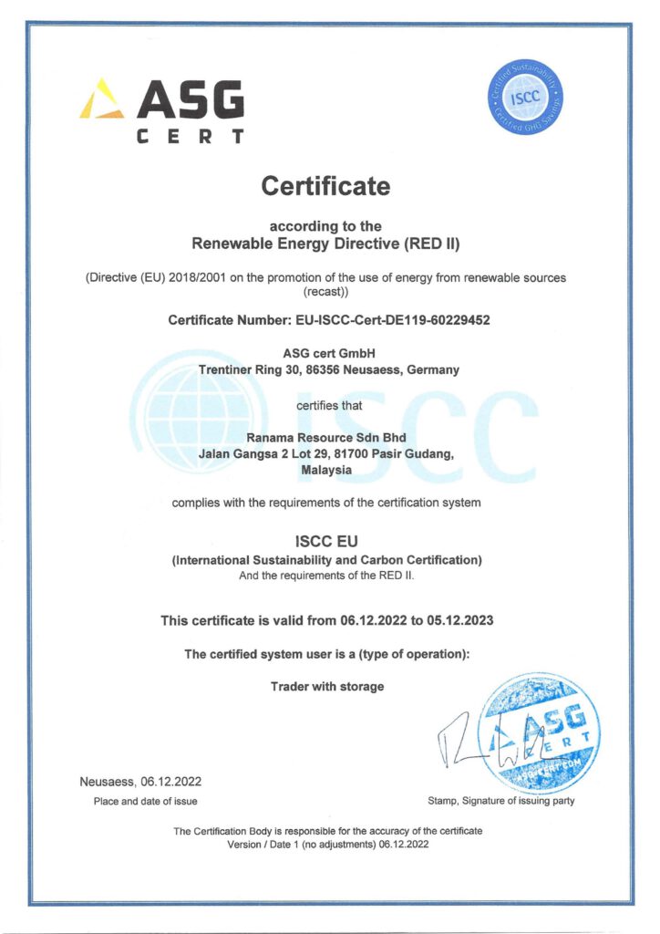 ISCC EU and RED II certificate issued by ASG cert GmBH