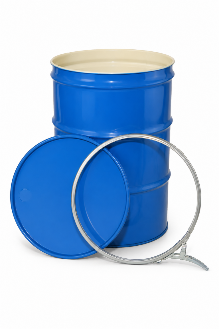 Blue reconditioned Open Top 210L metal drum with lid and latch ring beside it
