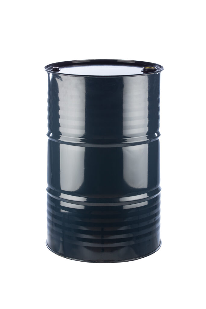 Black reconditioned 210-litre Tight Head metal drum